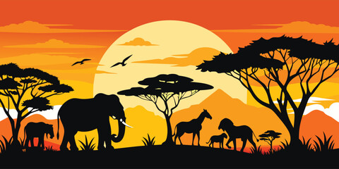 Fototapeta na wymiar African landscape. wild animals in the wild. sunset or sunrise.