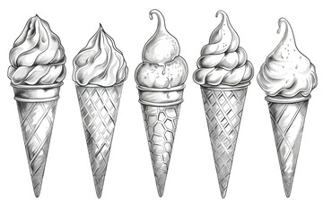 Black and white ice cream sketch are in several kept on a transparent backdrop PNG, Generative AI.