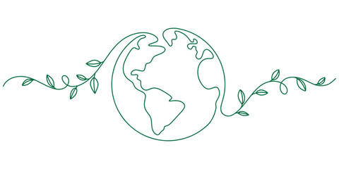 Earth Day one line art drawing. Environment concept Green sprout growing on earth abstract minimal vector illustration.