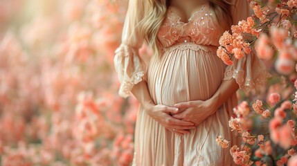 A pregnant woman in a gown stands amidst flowers in a field