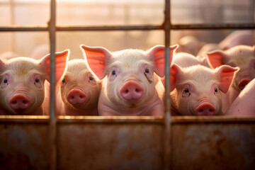 Piglets Pigs Curious Peering Through Cage Behind Bars Captivating Gaze Captivity Innocence