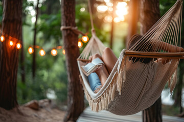 A person relaxing in a hammock, engrossed in a book with the gentle sway providing a sense of tranquility.