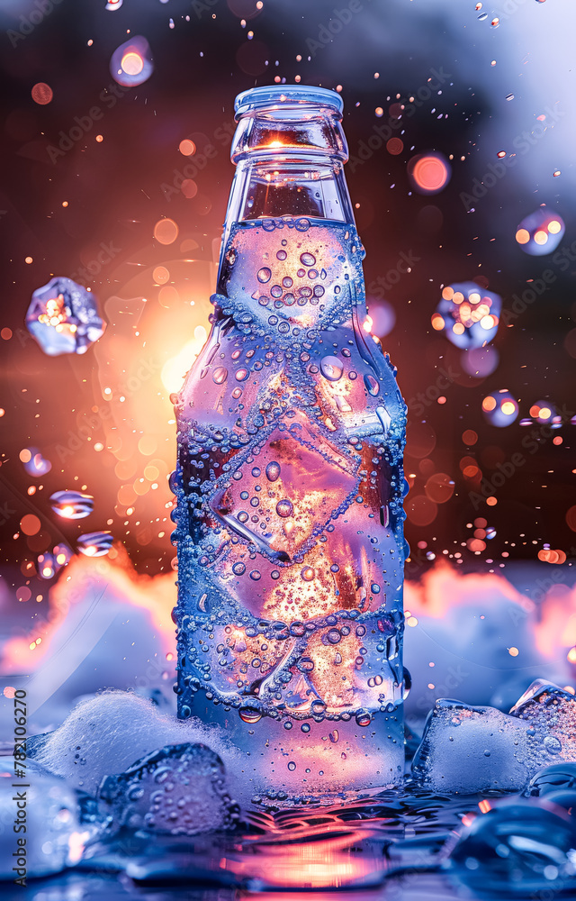 Aufkleber a bottle of water is sitting on a table with ice cubes surrounding it. the bottle is half full and t