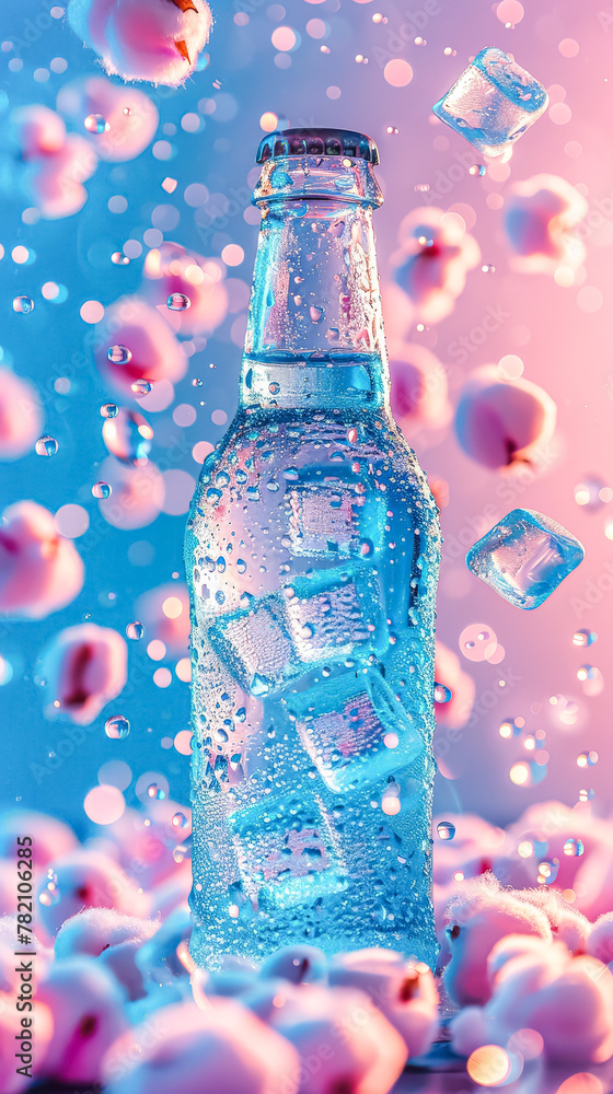 Aufkleber a bottle of water is sitting on a table with ice cubes surrounding it. the bottle is half full and t