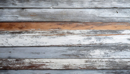 Rustic, weathered wooden planks texture with peeling paint in shades of white and silver. aligned horizontally.