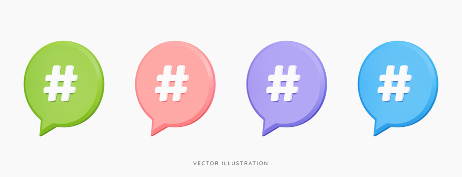 3D Hashtag symbol on social media notification. Comments thread mention or user reply. Follow trending tag. Search link. Cartoon creative design set icon in pink, blue, purple and green. 3D Vector