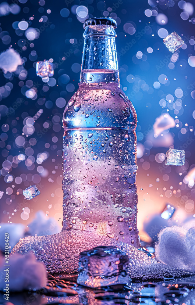 Aufkleber a bottle of water is sitting on a table with ice cubes surrounding it. the bottle is half full and t