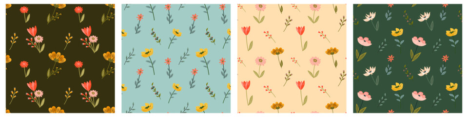 Set of seamless floral patterns with hand drawn flowers, leaves and branches. Seamless pattern for textiles, packaging design, paper and other things.