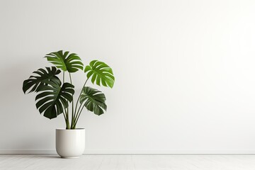 Minimalistic white room wall with a pot with monstera plant, shadow overlay.