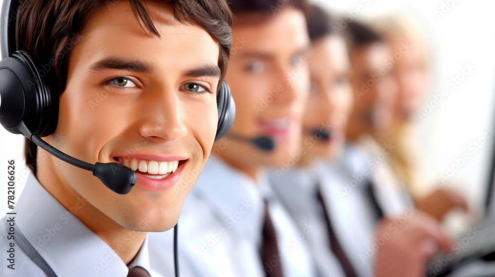 Poster Smiling customer service representative with headset in a team at a modern call center.