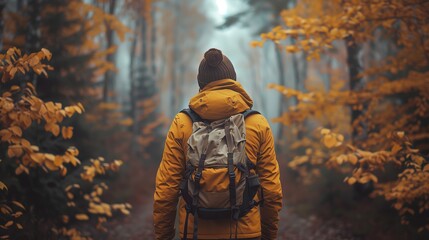 Person with a backpack explores a forest during a geological phenomenon - obrazy, fototapety, plakaty