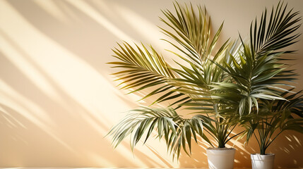 Palm Leaves on Light Cream Wall Serene Botanical Background for Summer, Generative Ai