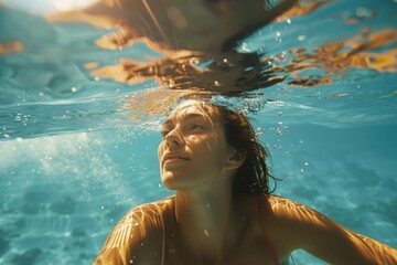 underwater view of redhead woman with black bikini and goggles swimming to breaststroke style in clear water of pool . Beautiful simple AI generated image in 4K, unique. - obrazy, fototapety, plakaty