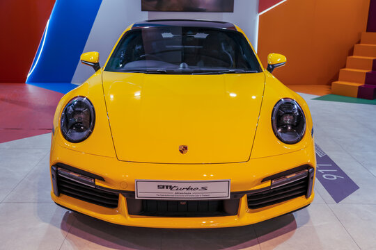Yellow Porsche 911 Turbo S. Thailand, Bangkok 14 march 2024