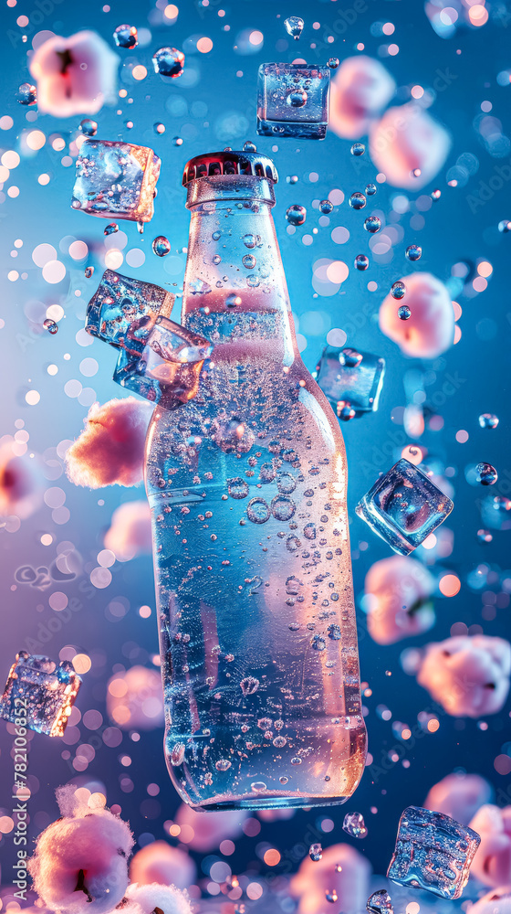 Aufkleber a bottle of water is sitting on a table with ice cubes surrounding it. the bottle is half full and t