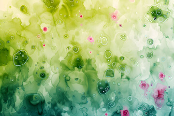 Colorful green pink microorganism watercolor background  - obrazy, fototapety, plakaty