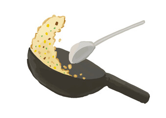 チャーハンを炒める、中華鍋をあおるイラスト