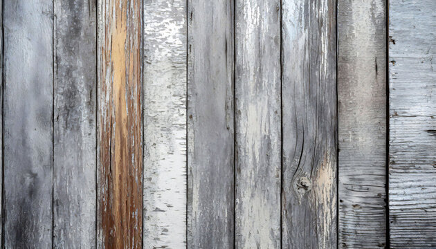Rustic, weathered wooden planks texture with peeling paint in shades of white and silver. aligned vertically.