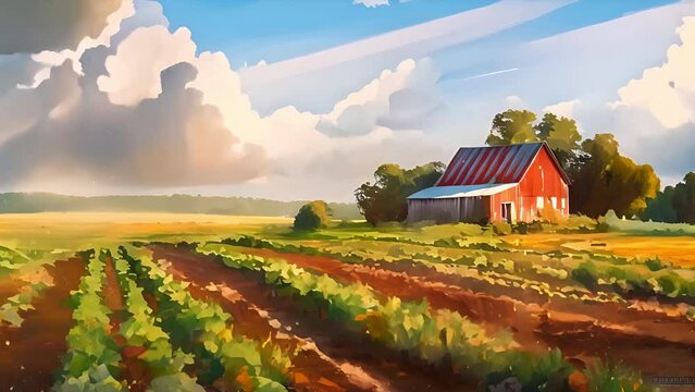 Impressionist farm with clouds in the sky and barn in the distance
