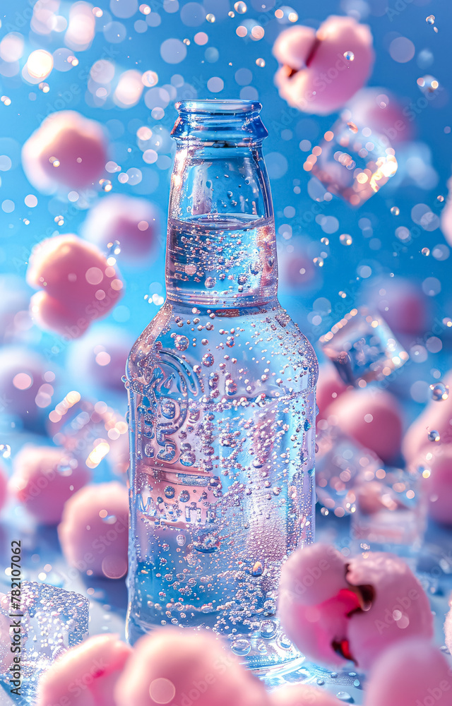 Aufkleber a bottle of water is sitting on a table with ice cubes surrounding it. the bottle is half full and t