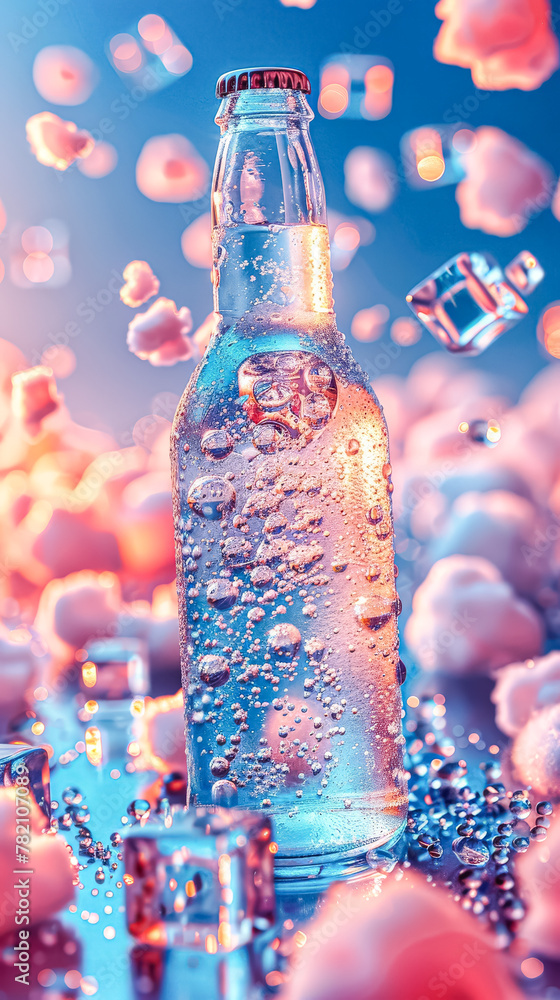 Aufkleber a bottle of water is sitting on a table with ice cubes surrounding it. the bottle is half full and t