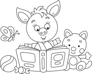 Funny little piglet reading an interesting book of fairy tales among funny toys, black and white vector cartoon illustration for a coloring book