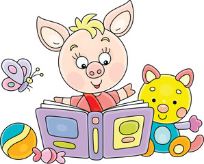 Funny little piglet reading an interesting book of fairy tales among funny toys, vector cartoon illustration isolated on a white background