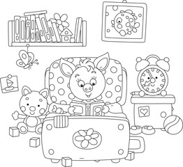 Funny little piglet lying in its small bed and reading an interesting book of fairy tales among funny toys in a nursery room, black and white vector cartoon illustration for a coloring book