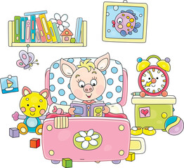 Funny little piglet lying in its small bed and reading an interesting book of fairy tales among funny toys in a nursery room, vector cartoon illustration isolated on a white background