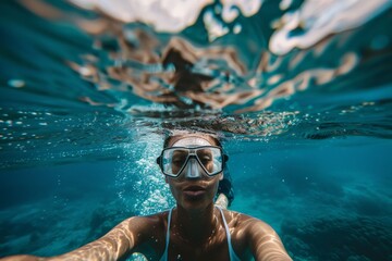 Young man swimming underwater in Caribbean sea, slow motion. Beautiful simple AI generated image in 4K, unique.