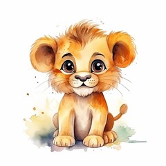 Fototapeta premium Cute watercolor smiling happy lion baby in winter
