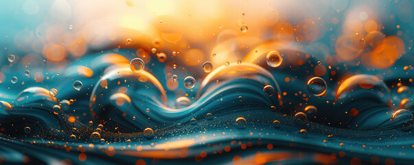 macro shot of blue liquid with swirling patterns and suspended golden bubbles - obrazy, fototapety, plakaty
