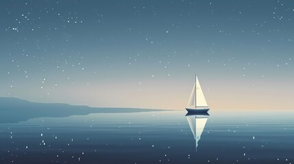 Fototapeta premium Minimalist blue calm lake boat illustration poster background