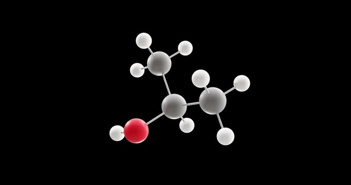 Isopropanol molecule, rotating 3D model of isopropyl alcohol, looped video on a black background