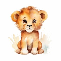Fototapeta premium Cute watercolor smiling happy lion baby in winter