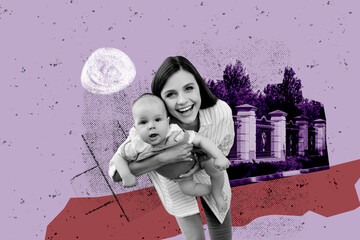 Composite photo collage of young mother hold newborn joy mother day walk park fence family isolated...
