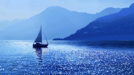 Minimalist blue calm lake boat illustration poster background