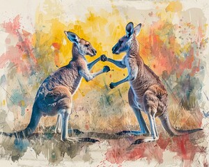Kangaroo boxing, captured in watercolor, with pastel bright colors, set against a soft, muted background, creating a playful, vibrant scene