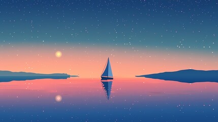 Minimalist blue calm lake boat illustration poster background