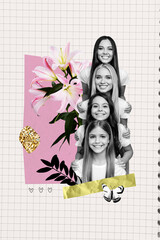 Vertical creative collage image of cute happy mom three daughters layers celebrate mother day...