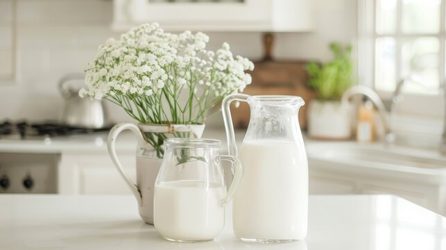 The simplicity of fresh milk, a symbol of nourishment and comfort, stands out against the crisp whites of the kitchen, creating a soothing ambiance no splash