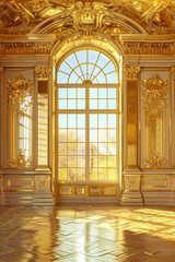 Majestic golden ballroom interior with opulent baroque decorations bathed in sunlight. - obrazy, fototapety, plakaty