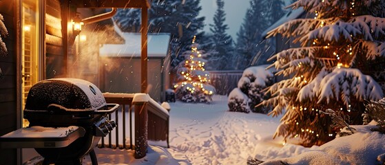 A winter grilling scene with snow-covered surroundings and a warm grill offering a cozy contrast - obrazy, fototapety, plakaty