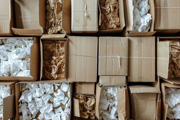 overhead view of neatly stacked cardboard boxes with crumpled paper inserts, emphasizing the importance of eco-conscious shipping materials, photo