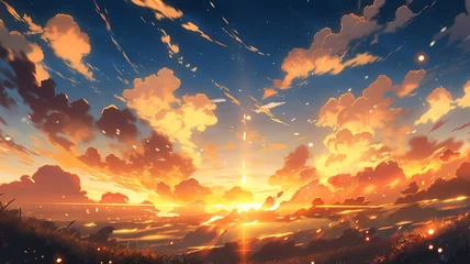 Fotobehang Hand drawn cartoon beautiful dusk clouds and starry sky illustration  © 俊后生