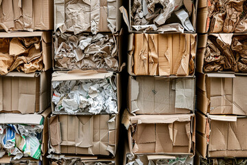 overhead view of neatly stacked cardboard boxes with crumpled paper inserts, emphasizing the importance of eco-conscious shipping materials, photo