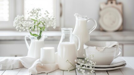 The simplicity of fresh milk, a symbol of nourishment and comfort, stands out against the crisp whites of the kitchen, creating a soothing ambiance no splash - obrazy, fototapety, plakaty