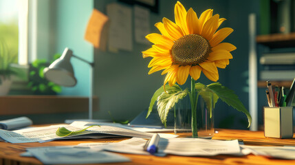 Sad and exhausted sunflower with stacks of documents on an office desk, hard work and burnout syndrome concept. - 782108642