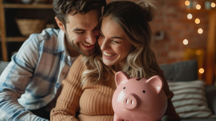Close up Expecting parents with piggy bank, cheerful about the future, saving money for their child.