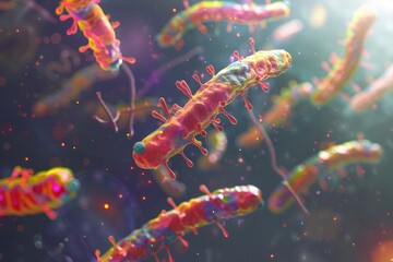 An abstract 3D scene depicting the concept of horizontal gene transfer among bacteria.